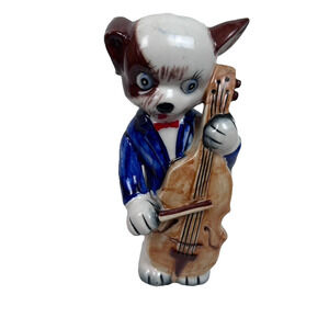 VTG Ceramic puppy Made in Japan playing the cello wearing a suit Novelty dog